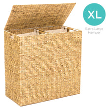 Load image into Gallery viewer, Extra Large Water Hyacinth Double Laundry Hamper Basket w/ 2 Liner Bags
