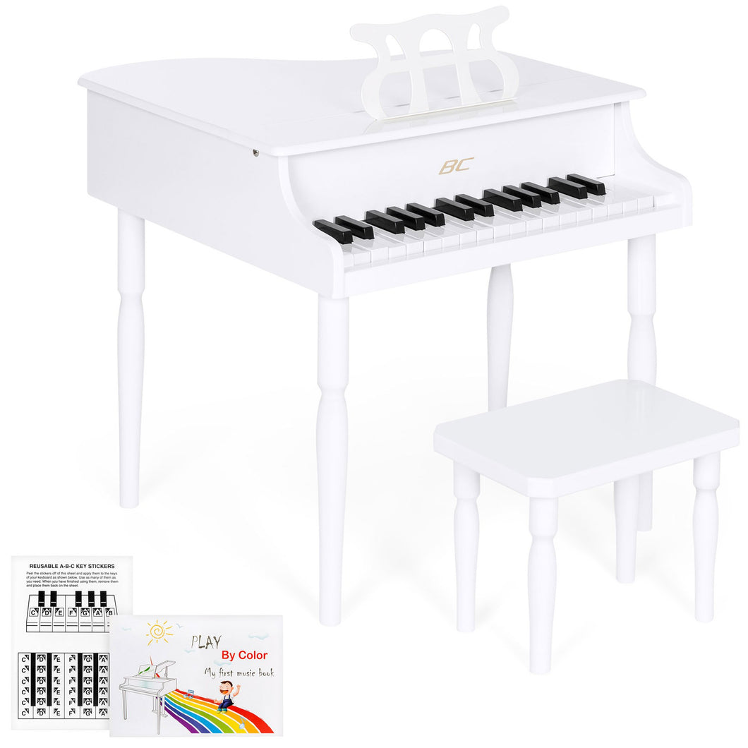 Kids Mini Wooden Grand Piano w/ Lid, Bench, Music Rack, Song Book, Stickers