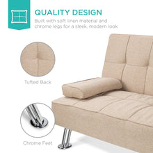 Load image into Gallery viewer, Linen Upholstered Convertible Sofa Bed Futon w/ 2 Cupholders
