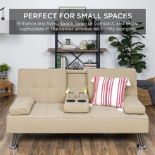 Load image into Gallery viewer, Linen Upholstered Convertible Sofa Bed Futon w/ 2 Cupholders
