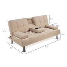 Load image into Gallery viewer, Linen Upholstered Convertible Sofa Bed Futon w/ 2 Cupholders
