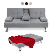 Load image into Gallery viewer, Linen Upholstered Convertible Sofa Bed Futon w/ 2 Cupholders
