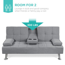 Load image into Gallery viewer, Linen Upholstered Convertible Sofa Bed Futon w/ 2 Cupholders
