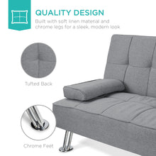 Load image into Gallery viewer, Linen Upholstered Convertible Sofa Bed Futon w/ 2 Cupholders
