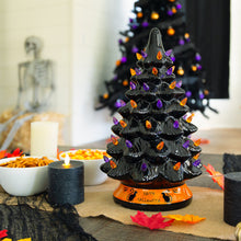 Load image into Gallery viewer, Pre-Lit 15in Ceramic Halloween Tree w/ Orange &amp; Purple Bulb Lights
