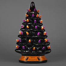 Load image into Gallery viewer, Pre-Lit 15in Ceramic Halloween Tree w/ Orange &amp; Purple Bulb Lights
