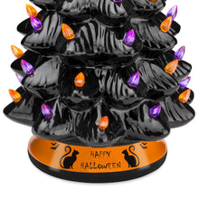 Load image into Gallery viewer, Pre-Lit 15in Ceramic Halloween Tree w/ Orange &amp; Purple Bulb Lights
