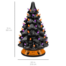 Load image into Gallery viewer, Pre-Lit 15in Ceramic Halloween Tree w/ Orange &amp; Purple Bulb Lights
