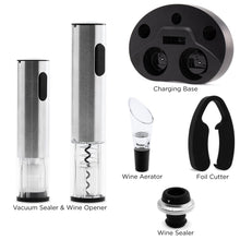 Load image into Gallery viewer, Electric Stainless Steel Wine Opener Set w/ Aerator, Foil Cutter, Charger
