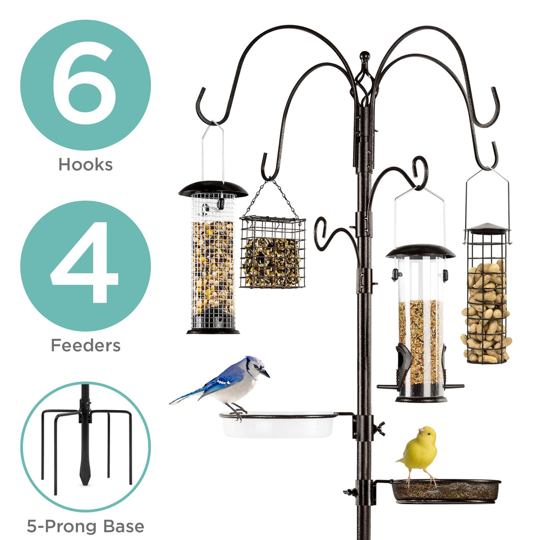 Bird Feeding Station, 6-Hook Steel Multi-Feeder Stand w/ 4 Bird Feeders, 89in