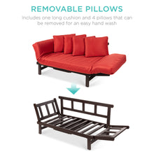 Load image into Gallery viewer, Outdoor Convertible Acacia Wood Futon Sofa w/ 4 Pillows, Removable Cushion
