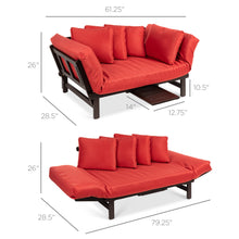 Load image into Gallery viewer, Outdoor Convertible Acacia Wood Futon Sofa w/ 4 Pillows, Removable Cushion
