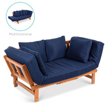 Load image into Gallery viewer, Outdoor Convertible Acacia Wood Futon Sofa w/ 4 Pillows, Removable Cushion
