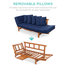 Load image into Gallery viewer, Outdoor Convertible Acacia Wood Futon Sofa w/ 4 Pillows, Removable Cushion
