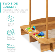 Load image into Gallery viewer, Kids Wooden Cabana Sandbox w/ Benches, Canopy Shade, Sand Cover, 2 Buckets
