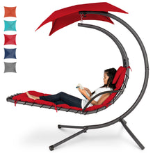 Load image into Gallery viewer, Hanging Curved Chaise Lounge Chair w/ Built-In Pillow, Removable Canopy
